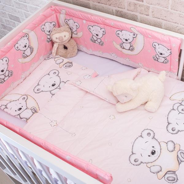 DOMBABY 3 részes ágynemű garnitúra fejvédővel MACIS PINK