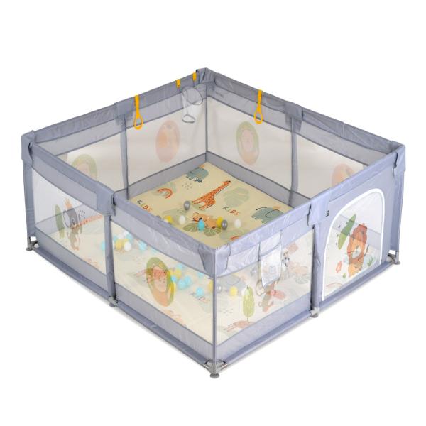 GameZone járóka szőnyeggel és 60 db labdával, 120x120 cm - szürke