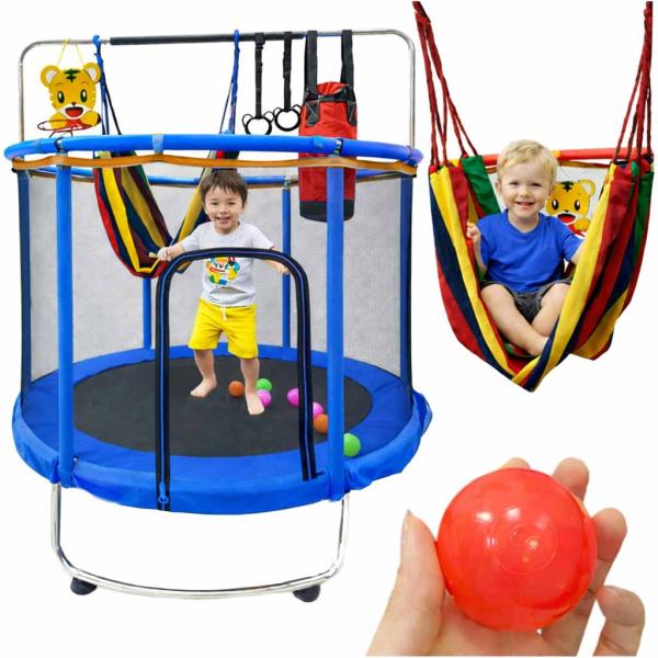 Kerti gyerek trambulin kosárlabda palánkkal, hintaággyal, bokszzsákkal és védőhálóval, 155 cm kék